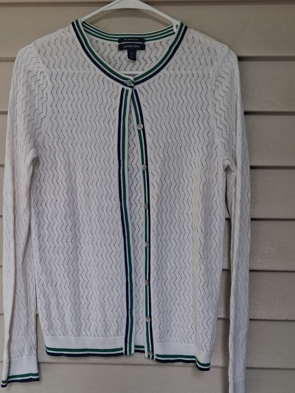 Lands' End White Eyelet Knit Cardigan with Green & Navy Trim Small